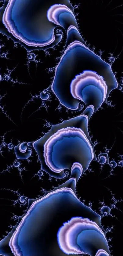 Mesmerizing fractal patterns with mystical blue waves on a dark background.