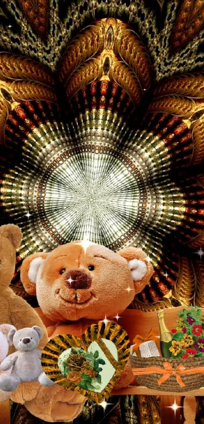 Teddy bears with fractal bouquet background.