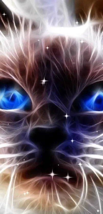 Fractal art cat with striking blue eyes on mobile wallpaper.