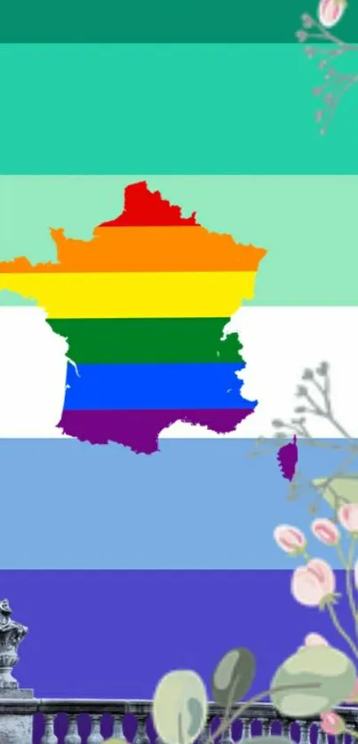 France map with rainbow colors and flowers on a teal background.