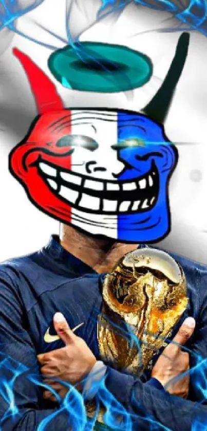 Vibrant meme face holding a sports trophy in colorful design.