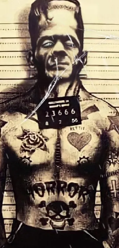 Frankenstein tattoo mugshot art wallpaper with horror theme.