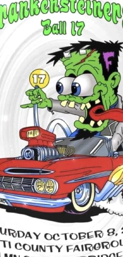 Cartoon green monster driving a red hot rod at the Frankensteiners Ball 17.