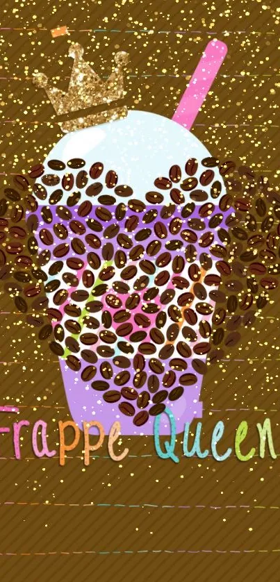 Funky Frappe Queen coffee wallpaper with shiny glitter and bean art.