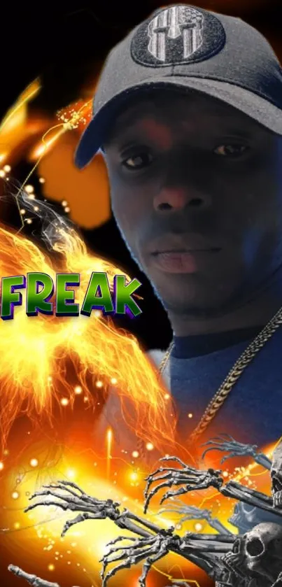 Dynamic wallpaper with orange flames and 'Freak' text.