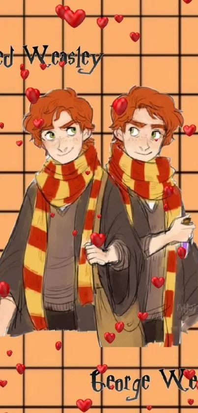 Illustration of Fred and George with orange grid background.