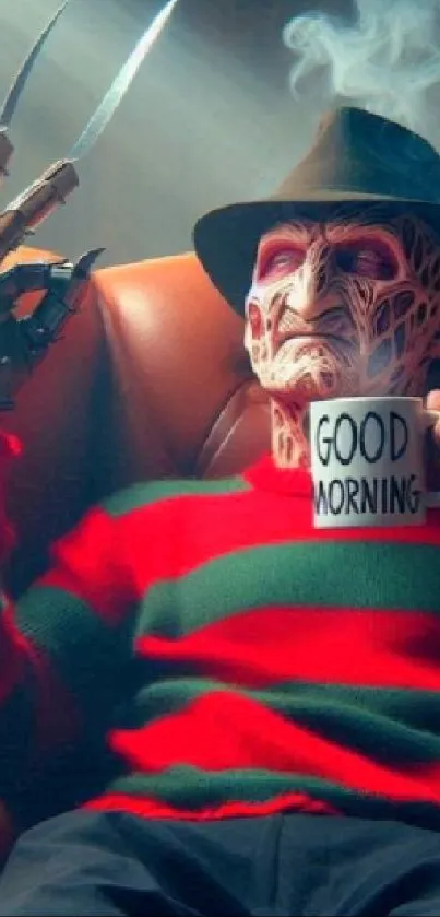 Freddy Krueger sipping coffee in a red-green striped sweater.