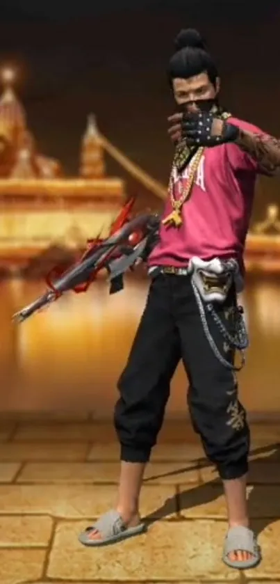 Free Fire character stands with a weapon in a city backdrop.