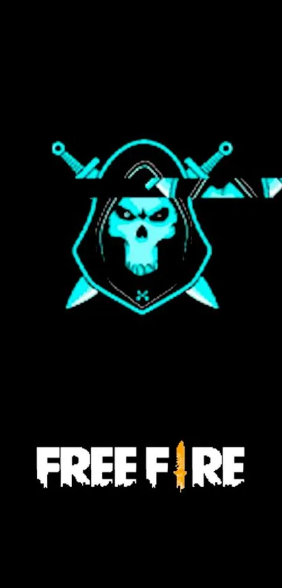 Neon cyan skull emblem with swords on black background.