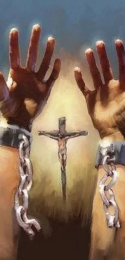 Hands breaking chains with a cross in the center.