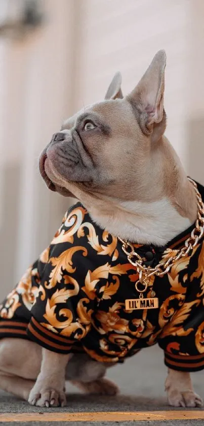 French Bulldog in fashionable outfit with orange patterns.