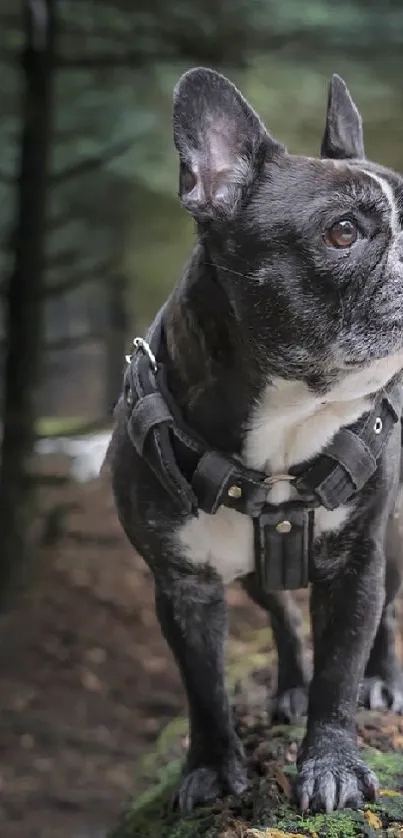 French Bulldog standing on mossy log in dark forest.