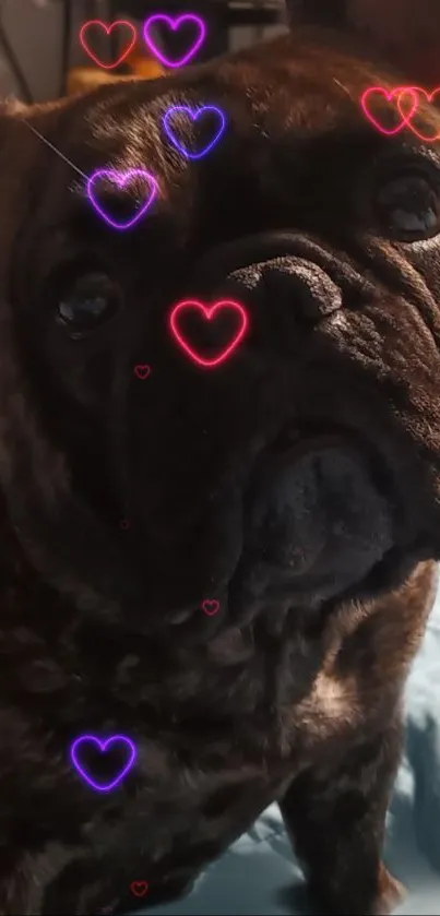 French Bulldog with neon heart designs on a cozy bed background.