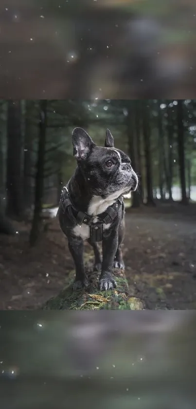 French Bulldog standing on a mossy log in a foggy forest.