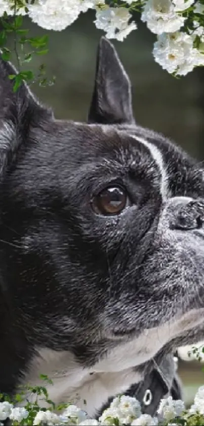 French Bulldog with white floral background.