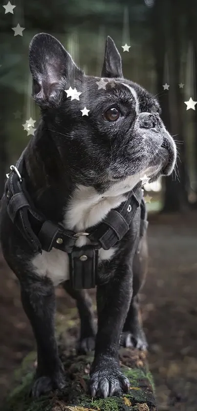 Serene forest setting with French Bulldog standing on a log.