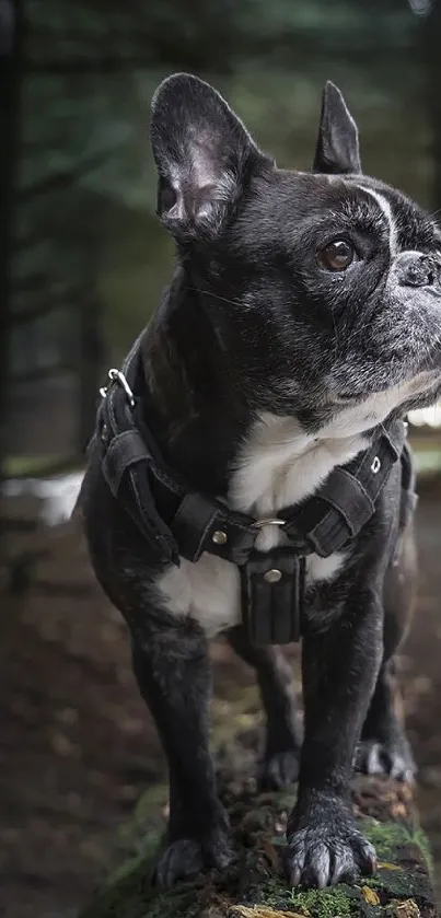 French Bulldog standing on a mossy log in a forest.