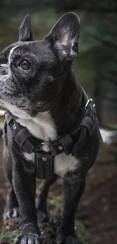 French Bulldog stands confidently on a fallen tree in a mystical forest scene.