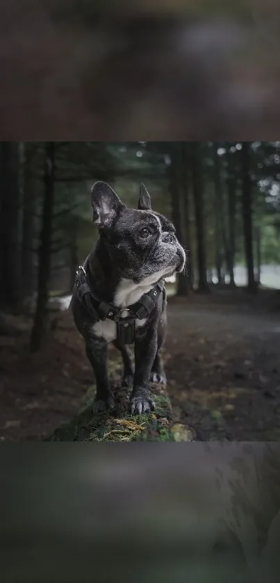 French Bulldog standing in a dark, mystical forest setting.