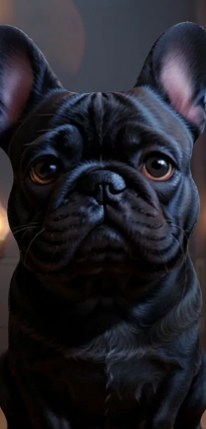 French Bulldog sitting in dimly lit room on mobile wallpaper.