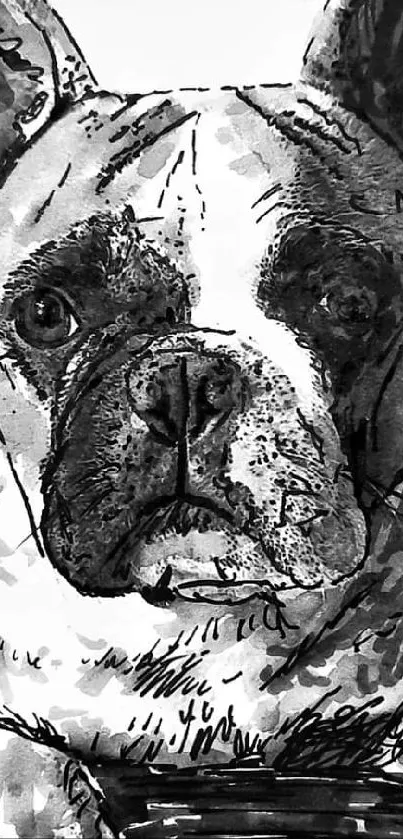 Black and white pen sketch of a French Bulldog on a mobile wallpaper.