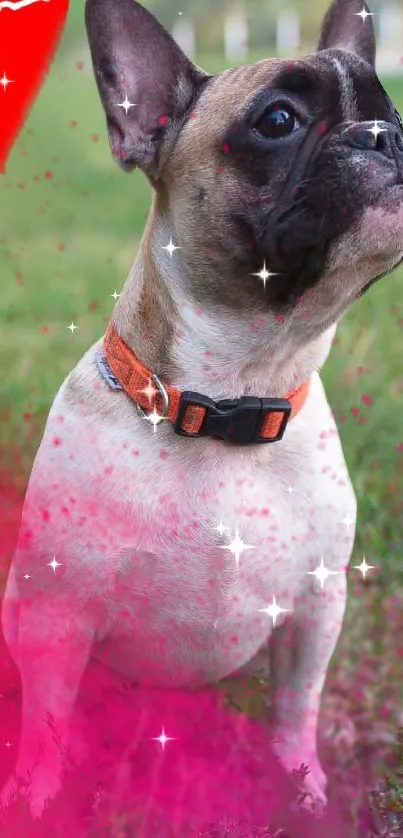 French Bulldog with pink sparkles on grassy background.