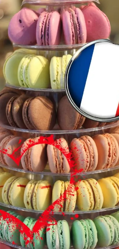 Colorful French macaron tower with heart and French flag.