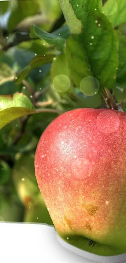 Red apple on tree with green leaves and sunlight background.