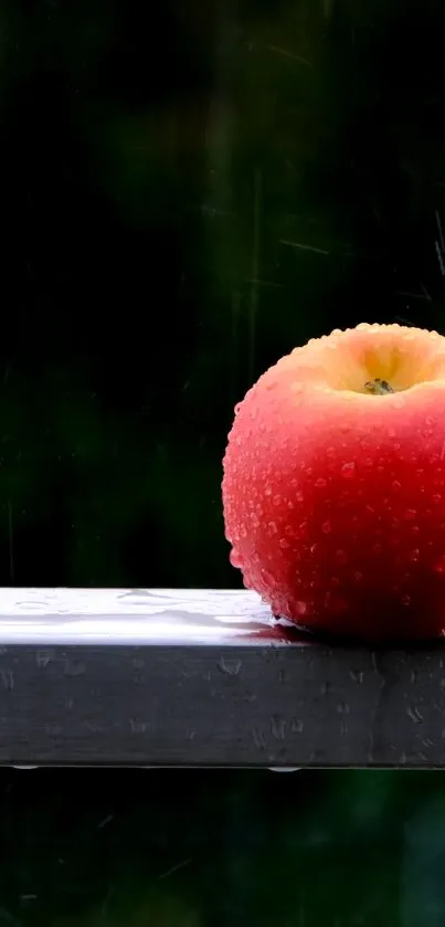 Red apple with raindrops on a metal surface, dark background.