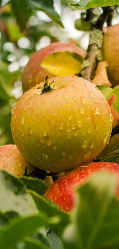 Lush apple tree branches with fresh red and green apples.