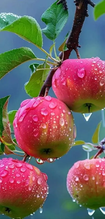 Vibrant red and green apples with water droplets on a branch.