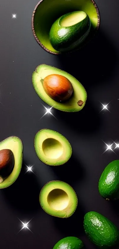 Minimalist wallpaper featuring fresh, sliced avocados on a dark background.
