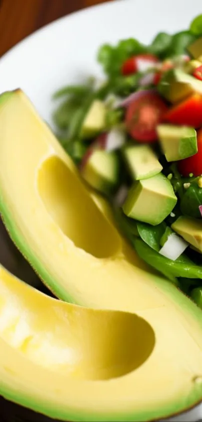 Close-up of fresh avocado salad on plate, perfect for food wallpaper.