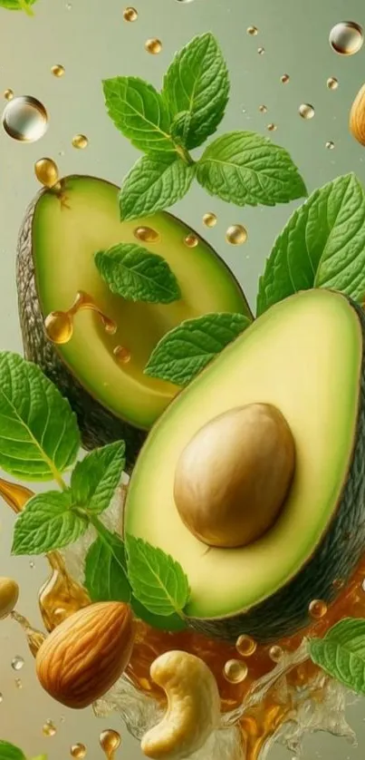 Avocado and mint splash with nuts for a vibrant mobile wallpaper.