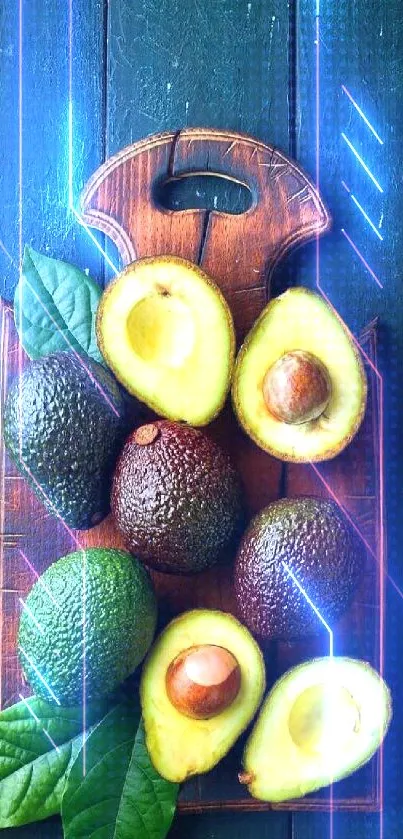 Vibrant fresh avocados on rustic board.