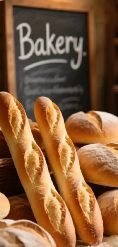 Fresh bakery loaves displayed on a wooden table with a chalkboard sign in the background.