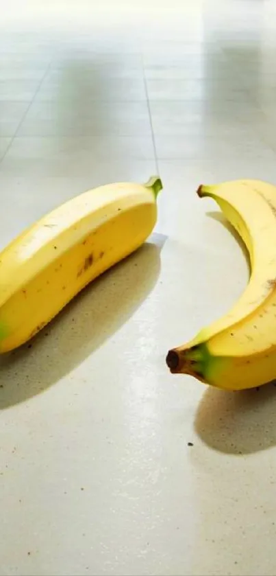 Two ripe bananas on a smooth, tiled surface with natural lighting.