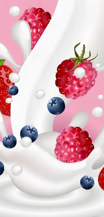 Berries and milk splash on a pink background wallpaper.