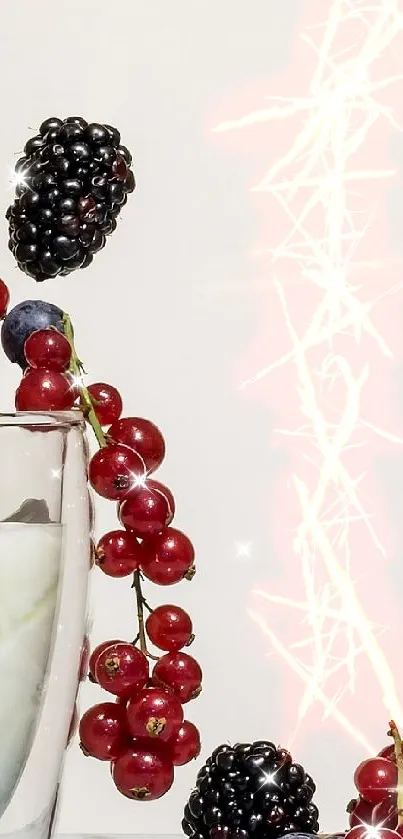 Wallpaper with fresh berries and yogurt in glass.