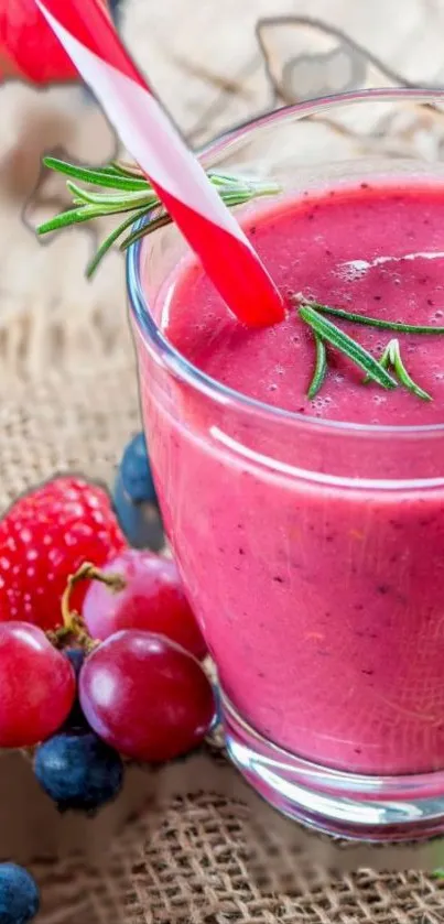 A vibrant fresh berry smoothie with straw and fruits.