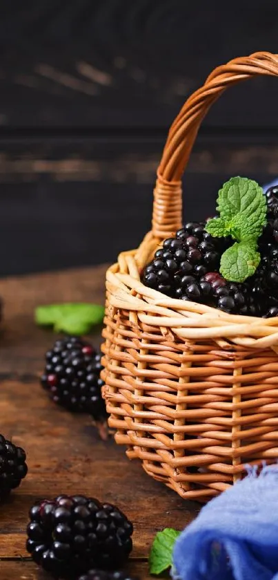 Basket of fresh blackberries on rustic wood.