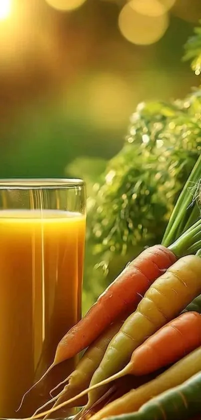 Fresh carrot juice with carrots and green background