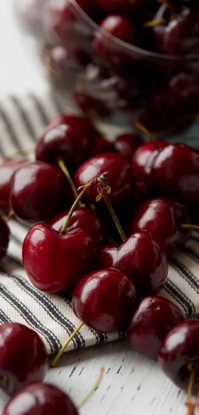 Vibrant fresh cherries on striped cloth background.