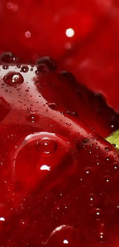 Close-up of fresh cherry with water droplets, featuring rich red tones.