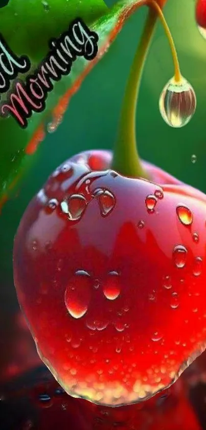 Vibrant cherry with dewdrops on a lush green background and 'Good Morning' text.