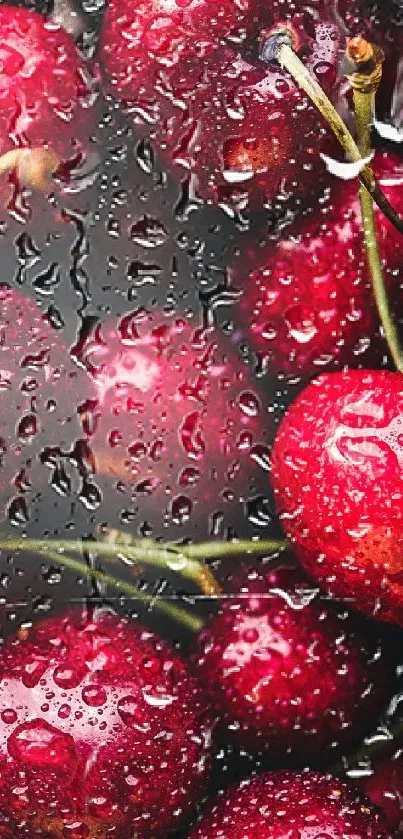 Juicy red cherries with raindrops in high resolution wallpaper.