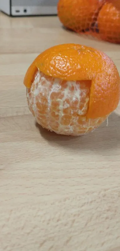 Orange fruit partially peeled on wooden surface.