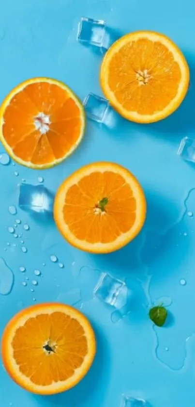 Vibrant blue wallpaper with orange slices and ice cubes for a refreshing display.