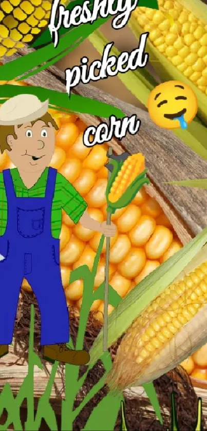 Vibrant corn wallpaper with cartoon farmer and nature elements.