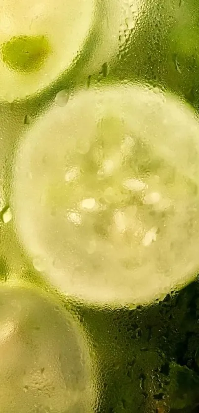 Close-up of cucumber slices with a green texture background.